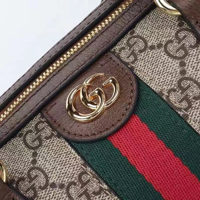 Gucci GG Unisex Ophidia GG Medium Top Handle Bag Beige Ebony GG Supreme Canvas Leather