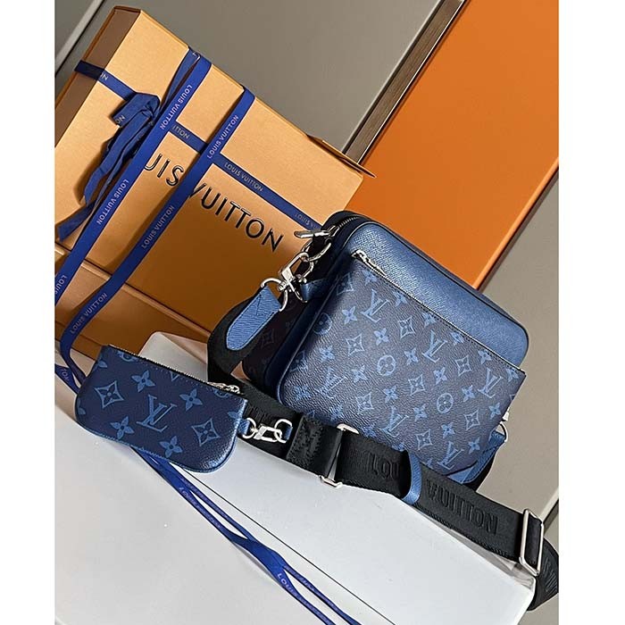 Louis Vuitton LV Unisex Trio Messenger Cobalt Blue Monogram Coated Canvas Taiga Cowhide Leather