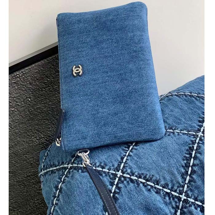 Chanel Women CC 22 Mini Handbag Stitched Denim Silver Metal Blue