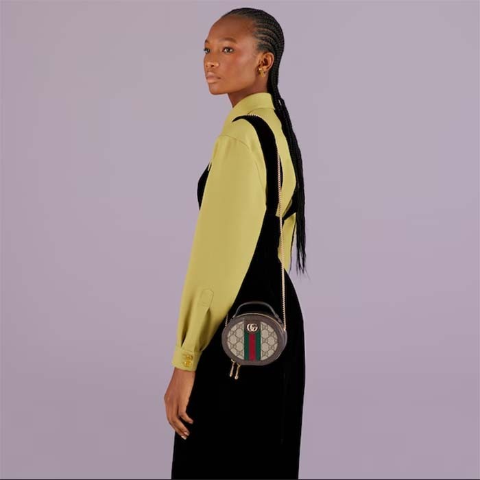 Gucci Women Ophidia Mini Chain Bag Beige Ebony GG Supreme Canvas Brown Leather Double G