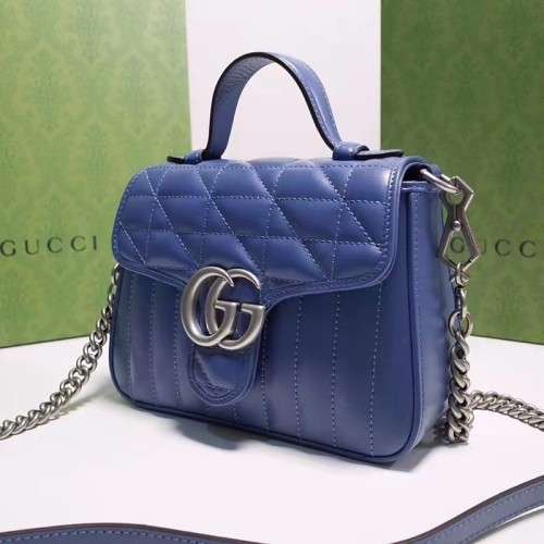 Gucci Women GG Marmont Mini Top Handle Bag Blue Matelassé Leather Double G