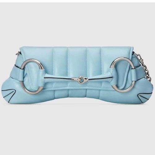 Gucci Women Horsebit Chain Medium Shoulder Bag Light Blue Quilted Leather Maxi Horsebit Style ‎764255 AACU1 4811