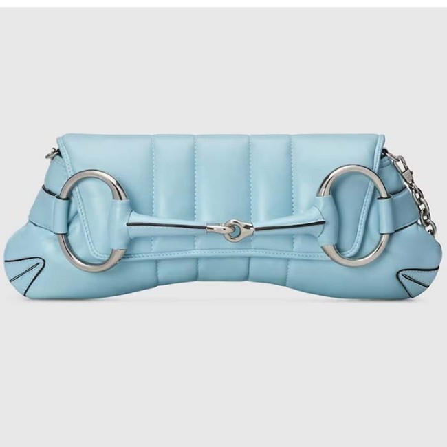 Gucci Women Horsebit Chain Medium Shoulder Bag Light Blue Quilted Leather Maxi Horsebit Style ‎764255 AACU1 4811