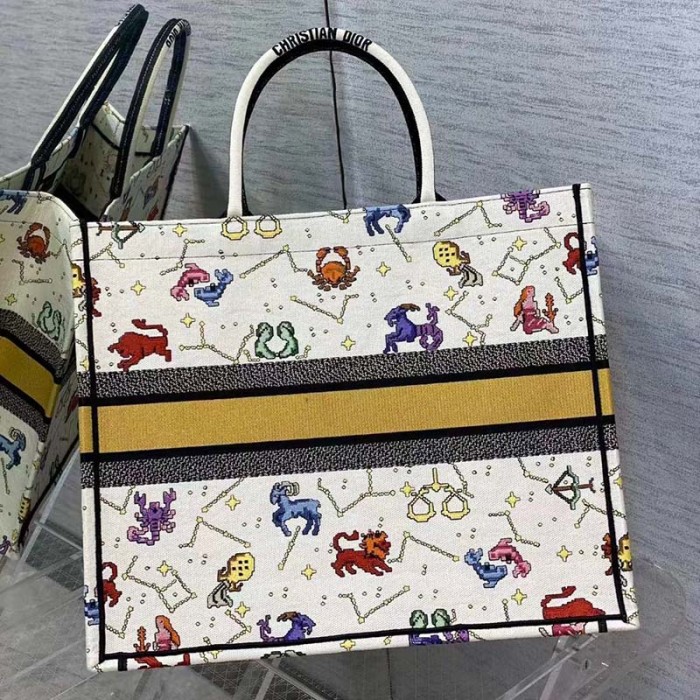 Dior Unisex CD Large Book Tote Latte Multicolor Dior Pixel Zodiac Embroidery