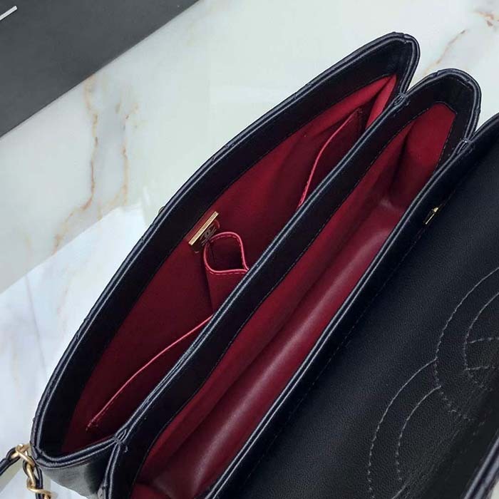 Chanel Women CC Flap Bag Top Handle Lambskin Gold-Tone Metal Black