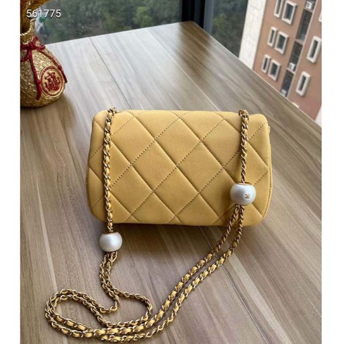 Chanel Women CC Small Flap Bag Pearly Lambskin Imitation Pearls Yellow