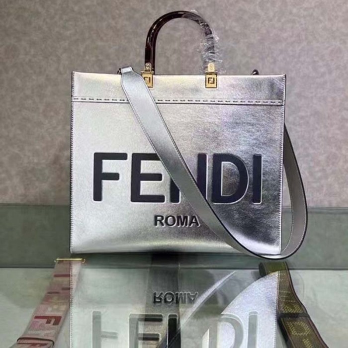 Fendi Women Fendi Sunshine Medium Silver Laminated Leather Shopper
