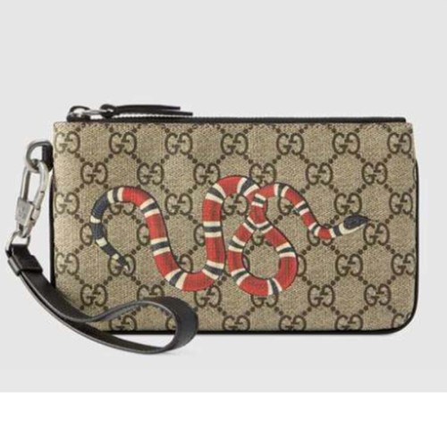 Gucci GG Men Kingsnake Print GG Supreme iPhone Pouch in Beige/Ebony GG Supreme Canvas