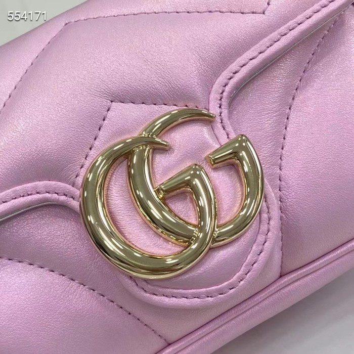 Gucci Women GG Marmont Super Mini Bag Pink Iridescent Matelassé Chevron Leather