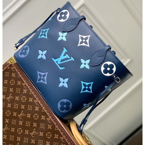 Louis Vuitton LV Unisex Neverfull MM Gradient Blue Monogram Empreinte Embossed Cowhide Leather