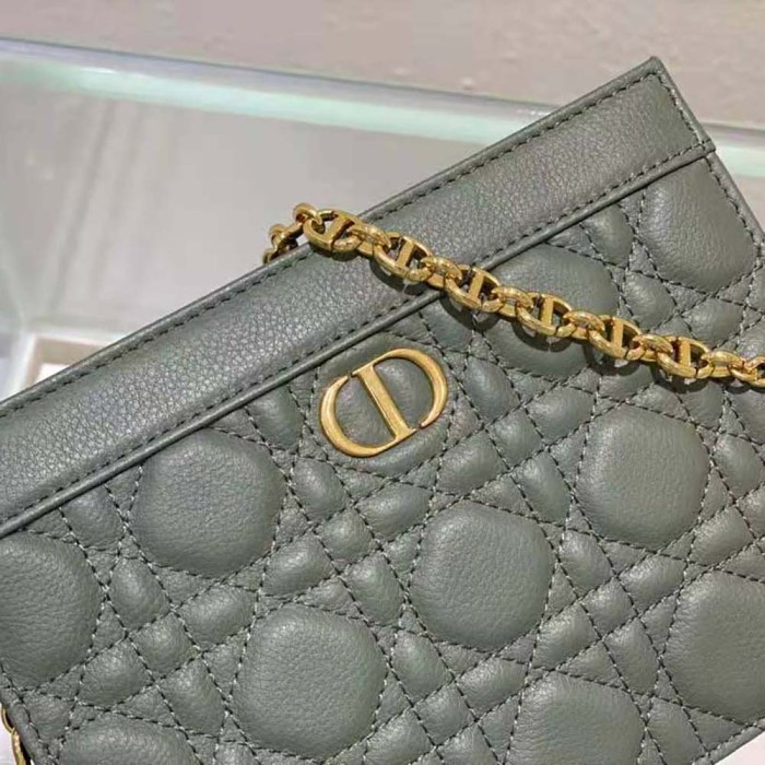 Dior Women Caro Zipped Pouch with Chain Cedar Green Supple Cannage Calfskin