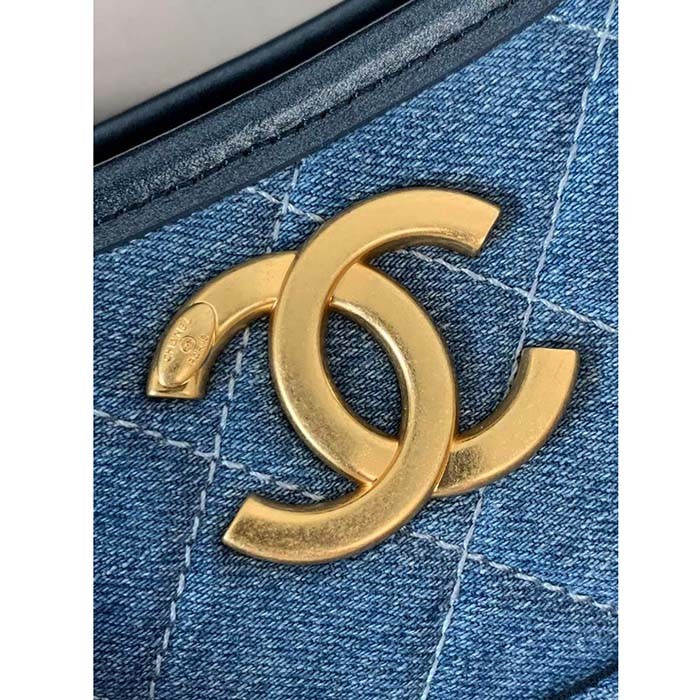 Chanel Women CC Hobo Handbag Washed Denim Gold-Tone Metal Blue