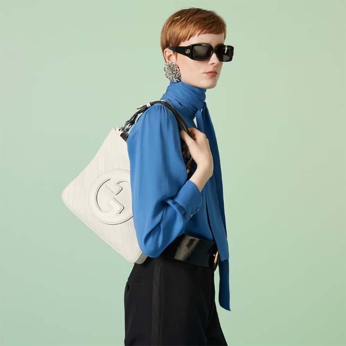 Gucci Women GG Blondie Small Tote Bag White Leather Round Interlocking G