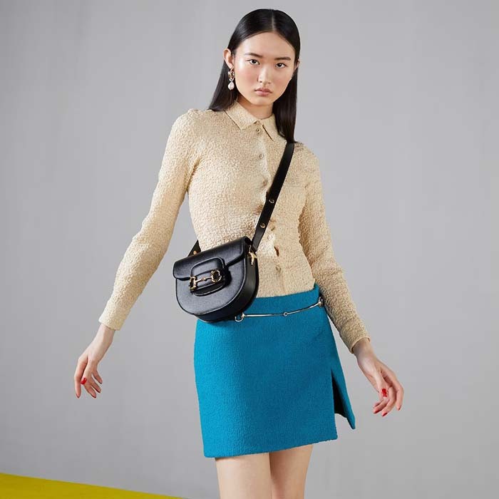 Gucci Women GG Horsebit 1955 Mini Round Shoulder Bag Black Leather Cotton Linen Lining