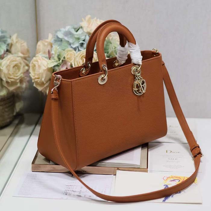 Dior Women CD Large Lady D-Sire Bag Dark Brandy Bull Leather