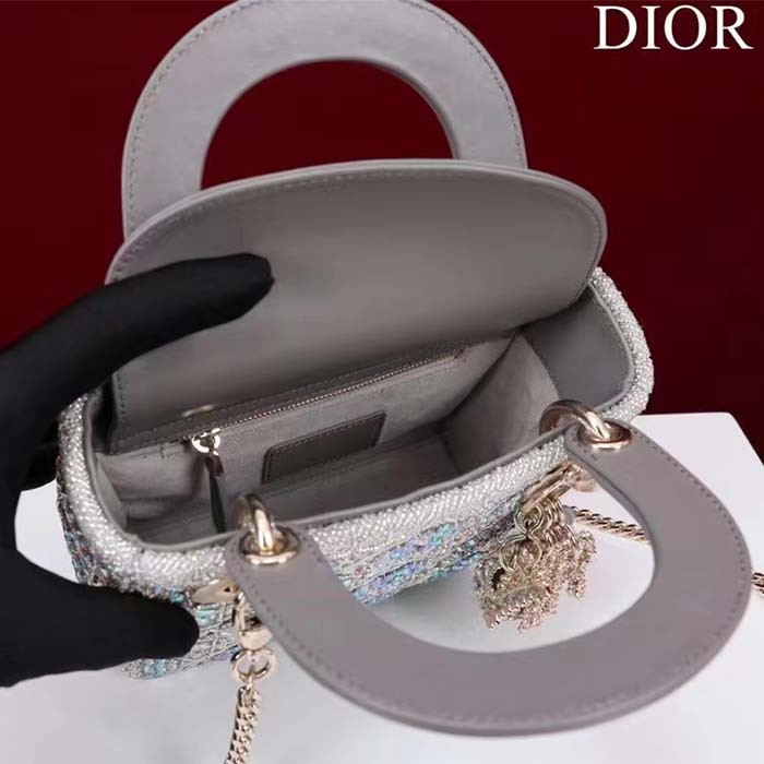 Dior Women Small Lady Dior Bag Gray Smooth Calfskin Satin Bead Embroidery