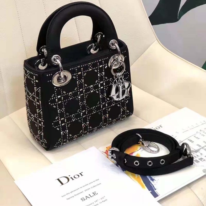 Dior Women CD Mini Lady Dior Bag Black Strass Cannage Satin