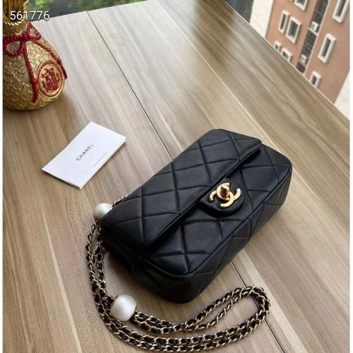Chanel Women CC Mini Flap Bag Lambskin Imitation Pearls Black