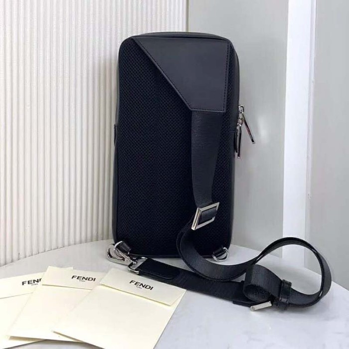 Fendi Men Belt Bag One-Shoulder Backpack Brown Fabric Leather FF