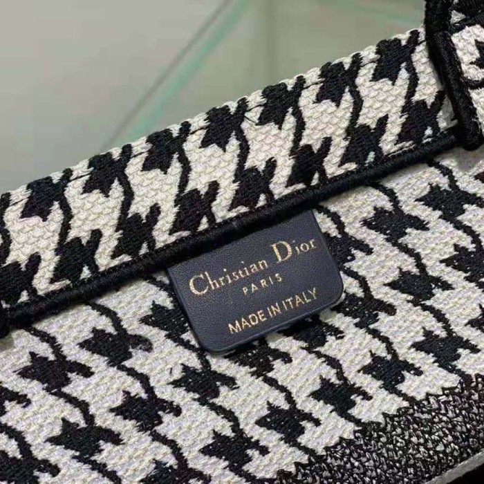 Dior Women Small Dior Book Tote Black and White Houndstooth Embroidery