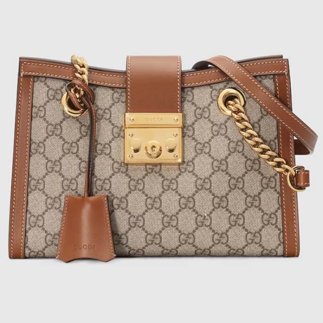 Gucci Women Padlock Small GG Shoulder Bag Beige Ebony GG Supreme Canvas Brown Leather