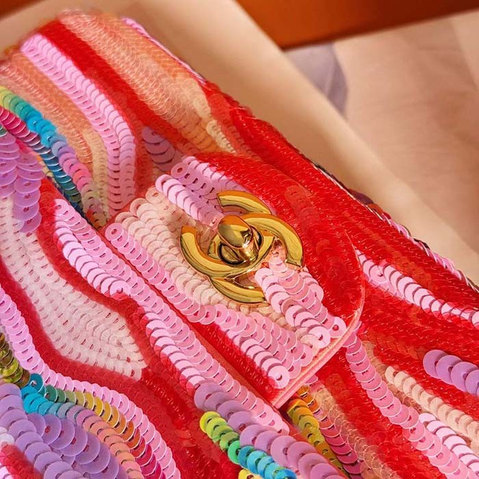 Chanel Women CC Mini Flap Bag Embroidered Satin Sequins Pink