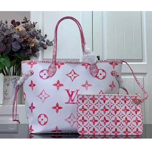 Louis Vuitton LV Unisex Neverfull MM Pink Monogram Coated Canvas Textile Lining
