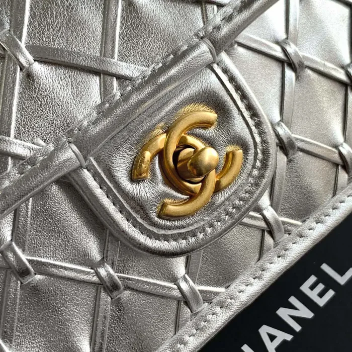Chanel Women Mini Flap Bag Metallized Braided Calfskin Gold Tone Metal