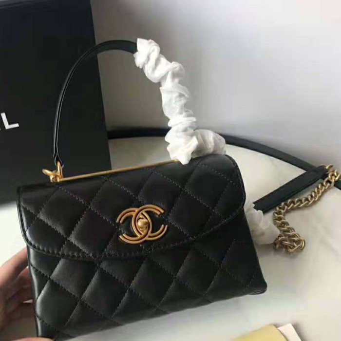 Chanel Women Flap Bag with Top Handle in Lambskin Leather-Black
