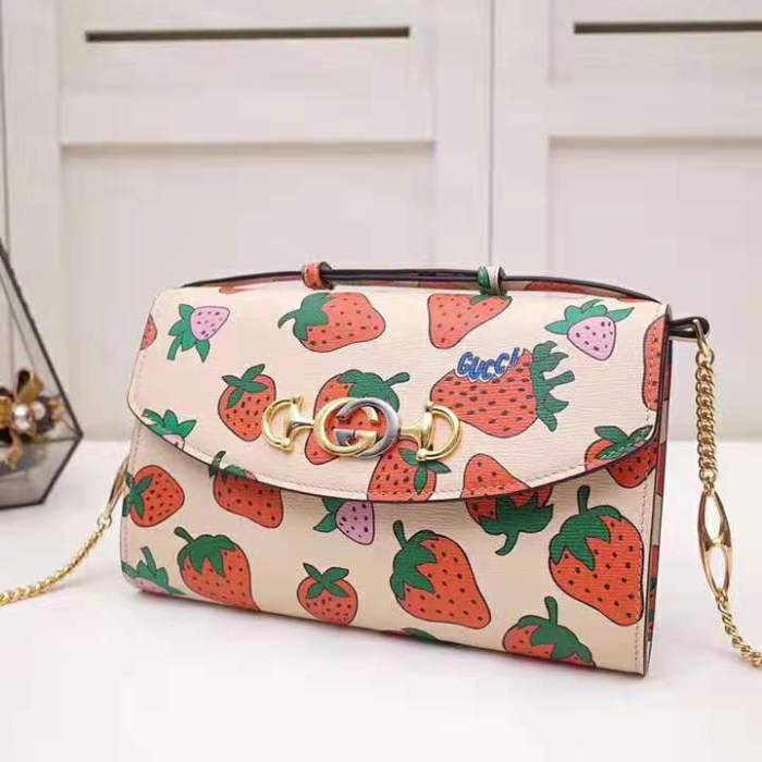 Gucci GG Women Gucci Zumi Strawberry Print Mini Bag in Gucci Strawberry Print Ivory Leather