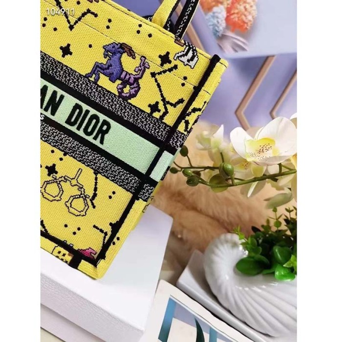 Dior Unisex CD Small Book Tote Yellow Multicolor Dior Pixel Zodiac Embroidery