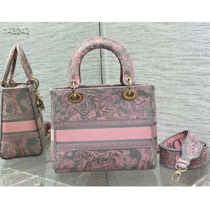 Dior Women CD Medium Lady D-Lite Bag Gray Pink Toile De Jouy Reverse Embroidery