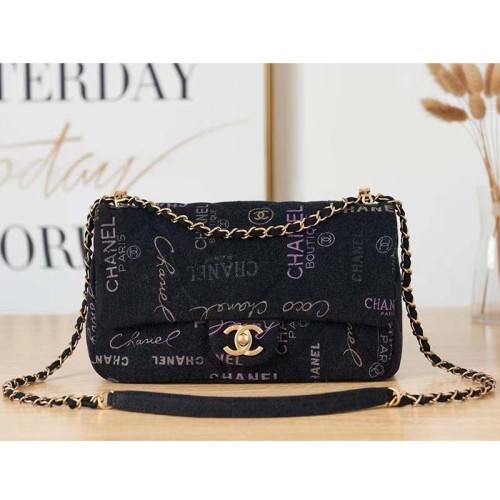 Chanel CC Women Large Flap Bag Printed Denim Gold-Tone Metal Black Multicolor