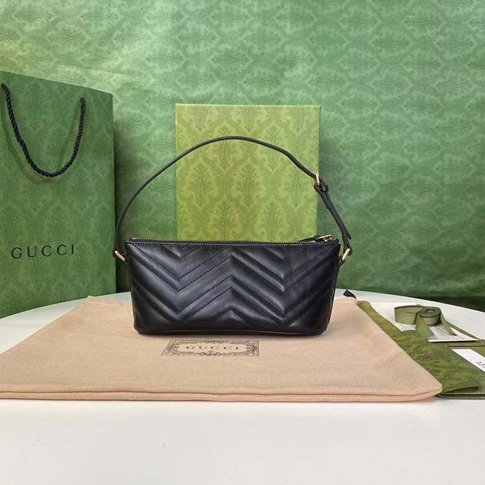 Gucci Women GG Marmont Shoulder Bag Black Matelassé Chevron Leather Double G