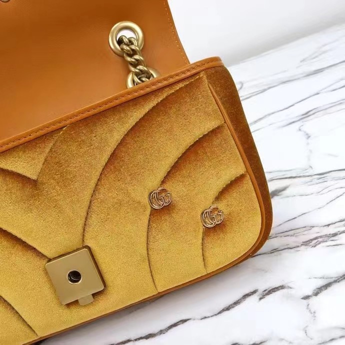 Gucci Women GG Marmont Mini Shoulder Bag Dark Yellow Quilted Chevron Velvet Leather Double G