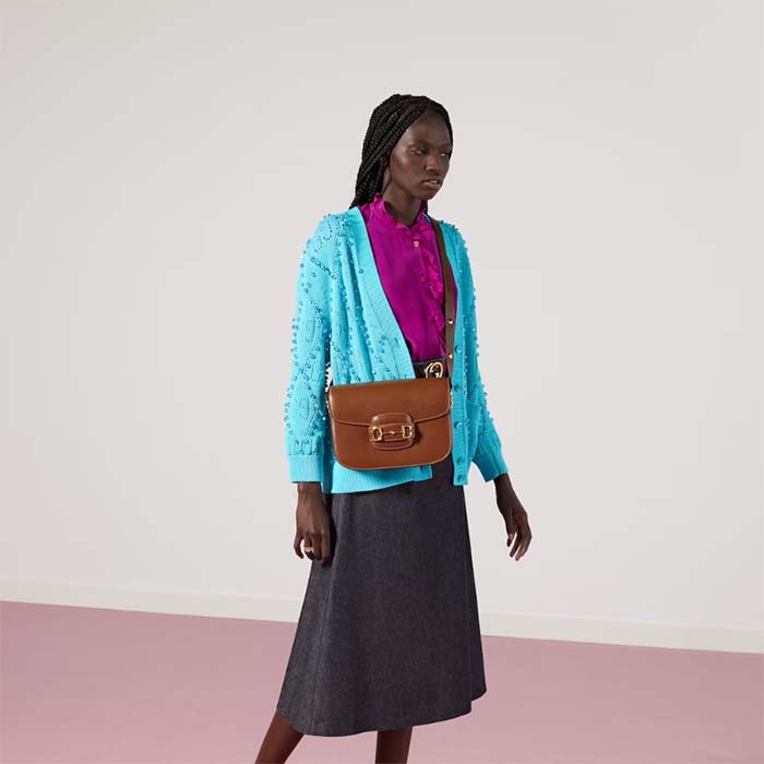 Gucci Women Horsebit 1955 Shoulder Bag Brown Textured Leather Vintage Effect Flap Closure