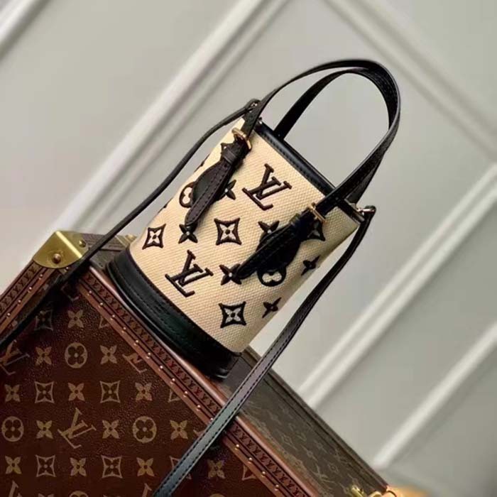 Louis Vuitton LV Unisex Nano Bucket Black Lotus Cotton Cowhide Leather