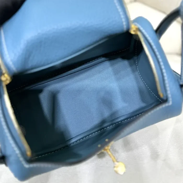 Hermes Women Lindy Mini 19 in Clemence Leather-Blue/Gold