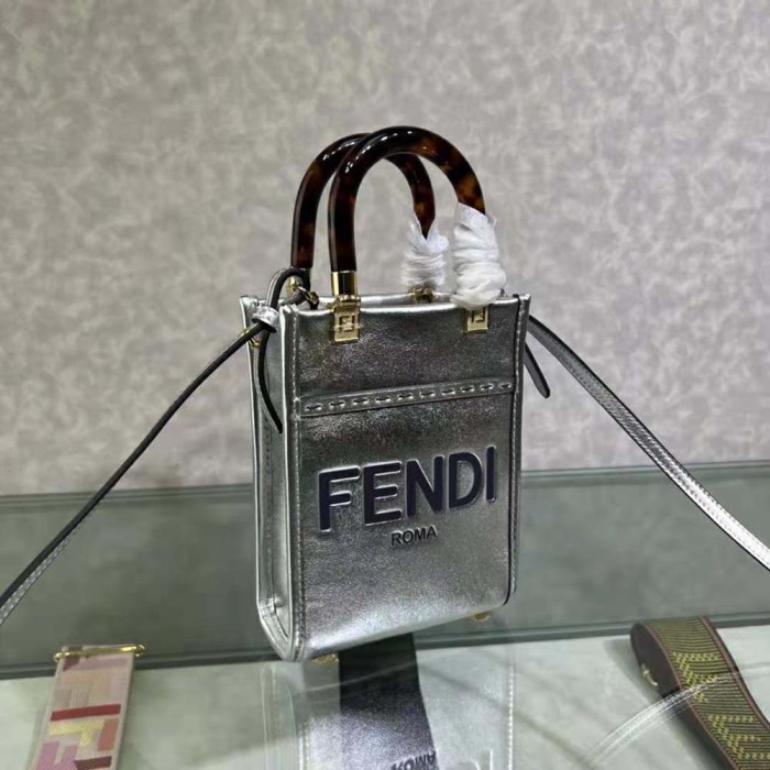 Fendi Women Mini Sunshine Shopper Silver Laminated Leather Shopper