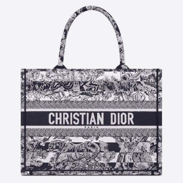 Dior Women CD Medium Book Tote Navy Blue Toile De Jouy Stripes Embroidery