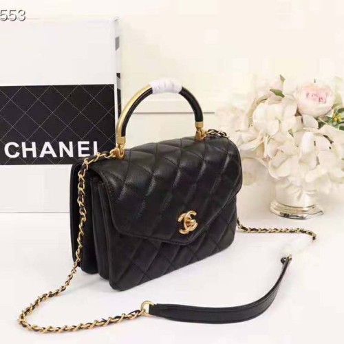 Chanel Women Organ Bag with Top Handle in Embossed Calfskin Leather-Black