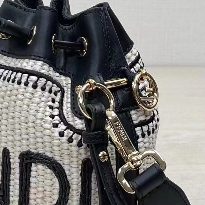 Fendi Women Mon Tresor Beige Black Straw Mini Bag