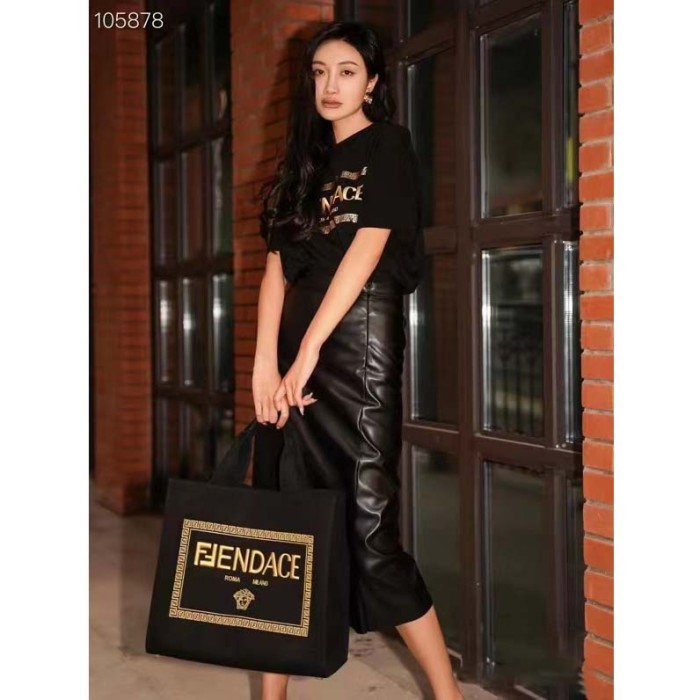 Fendi Women FF Small Shopping Bag Fendace Embroidered Black Canvas Logo Shopper
