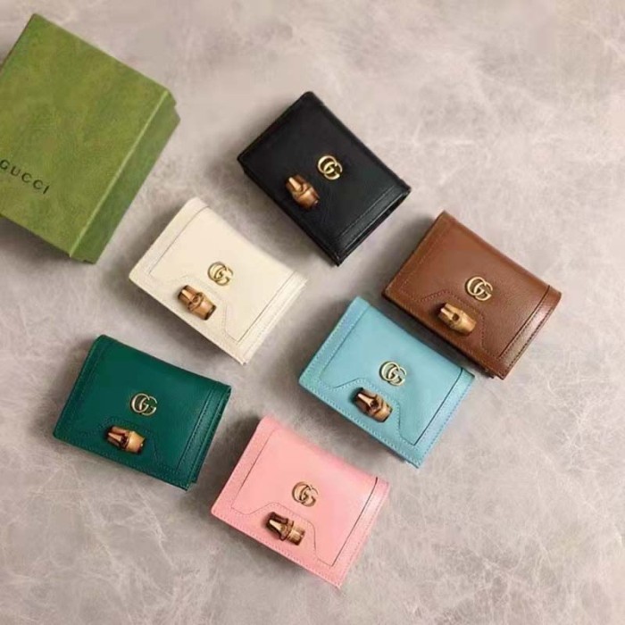 Gucci Women Gucci Diana Card Case Wallet Double GG Green Leather