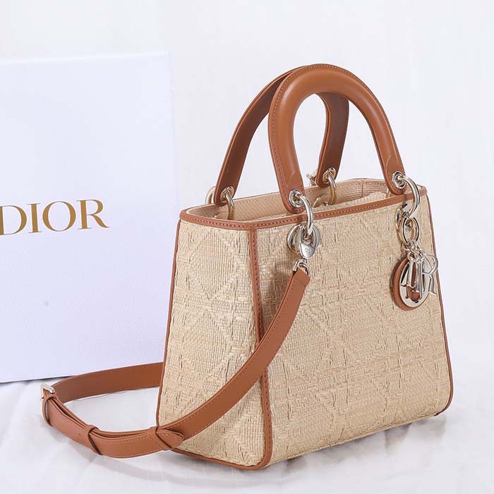 Dior Women CD Medium Lady Dior Handbag Natural Cannage Raffia