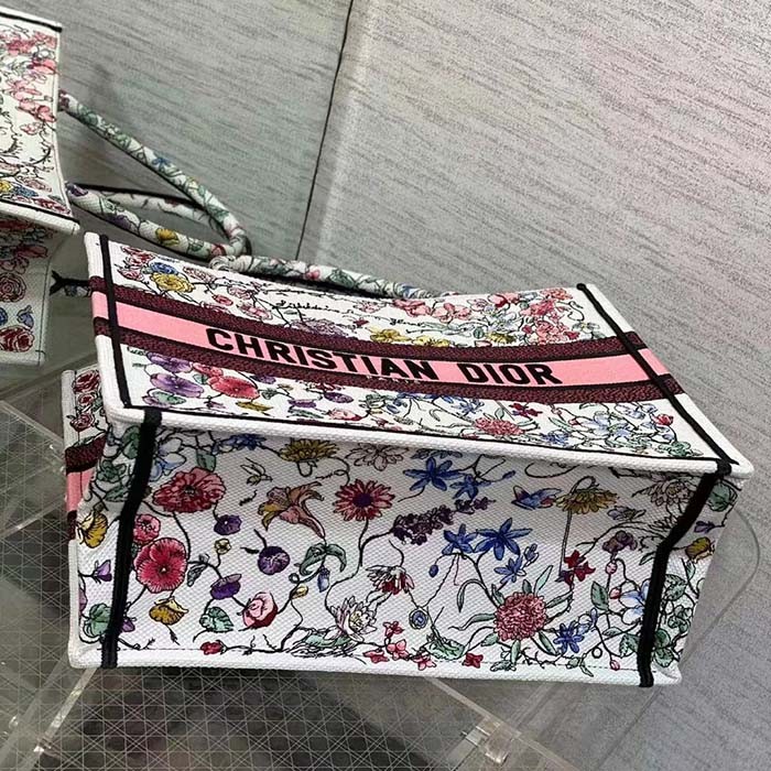 Dior Women CD Medium Book Tote White Multicolor Florilegio Embroidery
