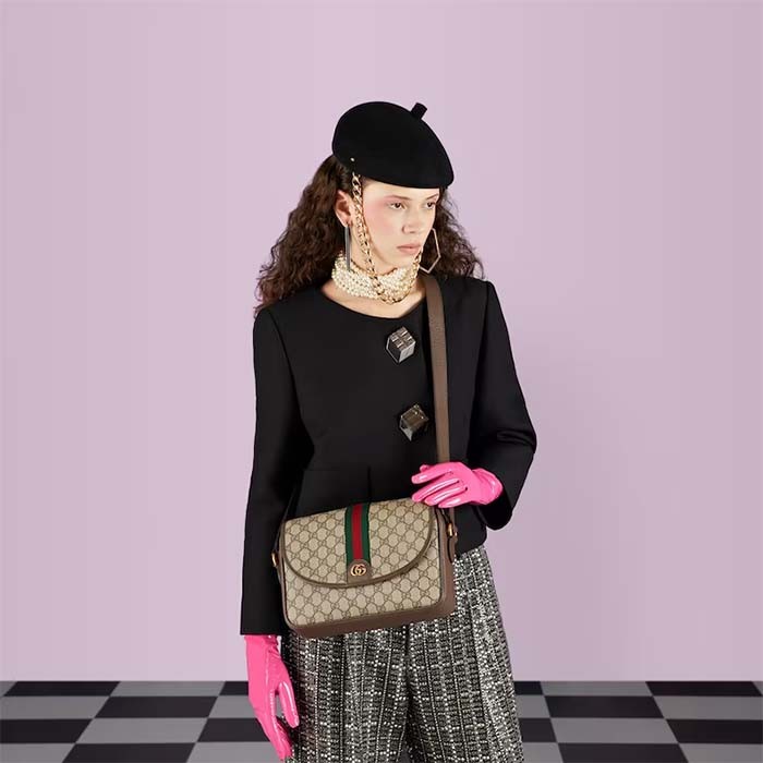 Gucci GG Unisex Ophidia Messenger Bag Beige Ebony GG Supreme Canvas Double G