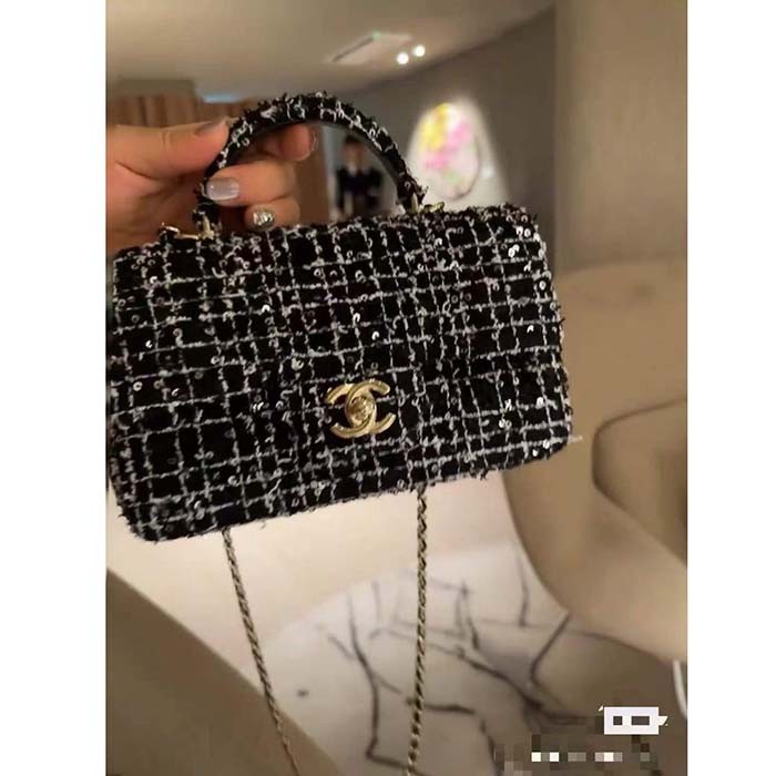 Chanel Women CC Mini Flap Bag Top Handle Sequin Tweed Black