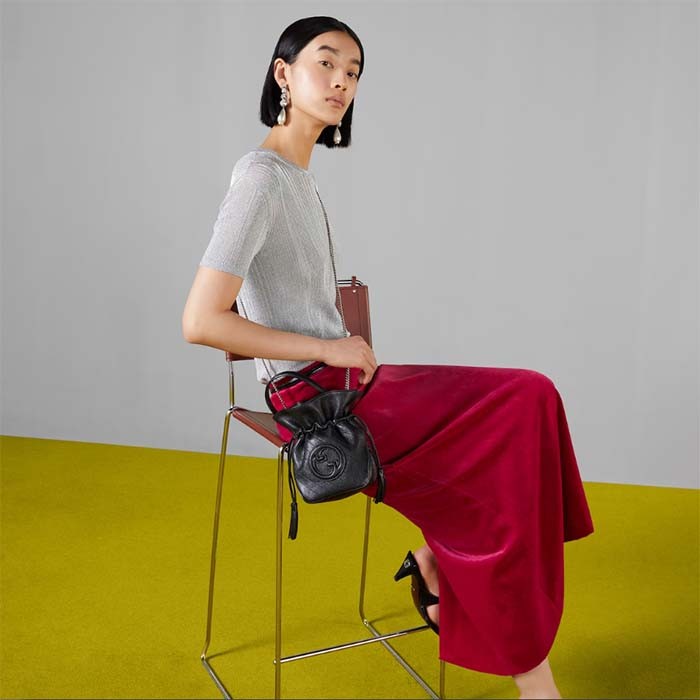 Gucci Women GG Blondie Mini Bucket Bag Black Leather Round Interlocking G