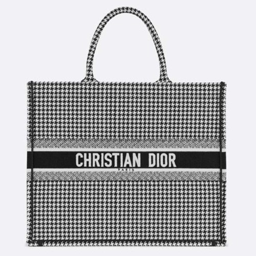 Dior Women Dior Book Tote Black and White Houndstooth Embroidery
